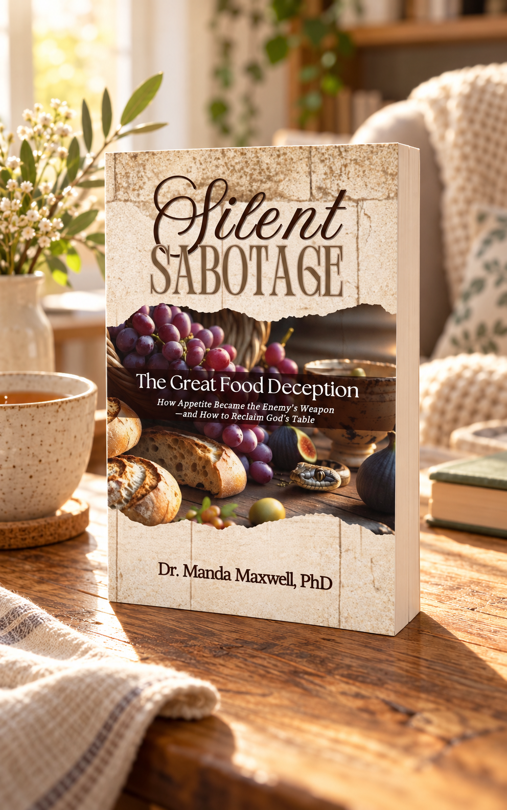 Silent Sabotage by Dr. Manda Maxwell standing on a sunlit table beside a cup of tea